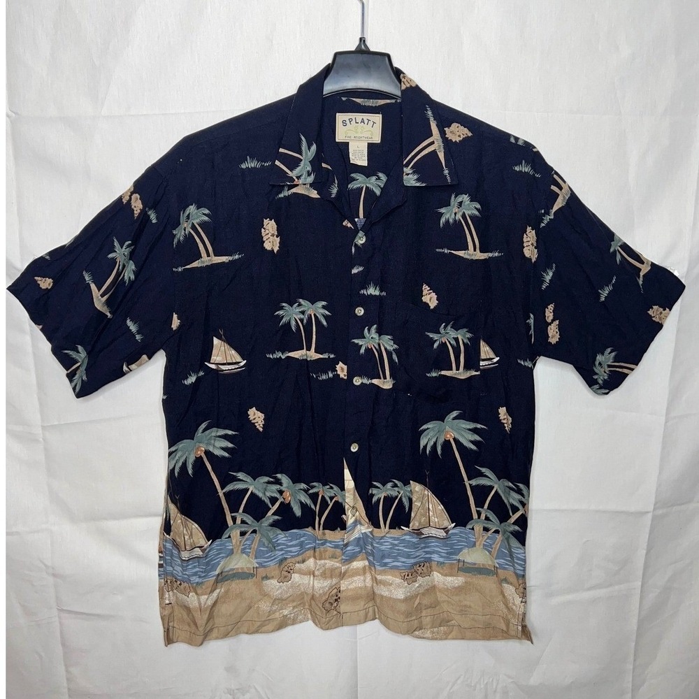 Vintage Splatt Men's L Tropical Beach Scene Button Up Shirt - Short Sleeve